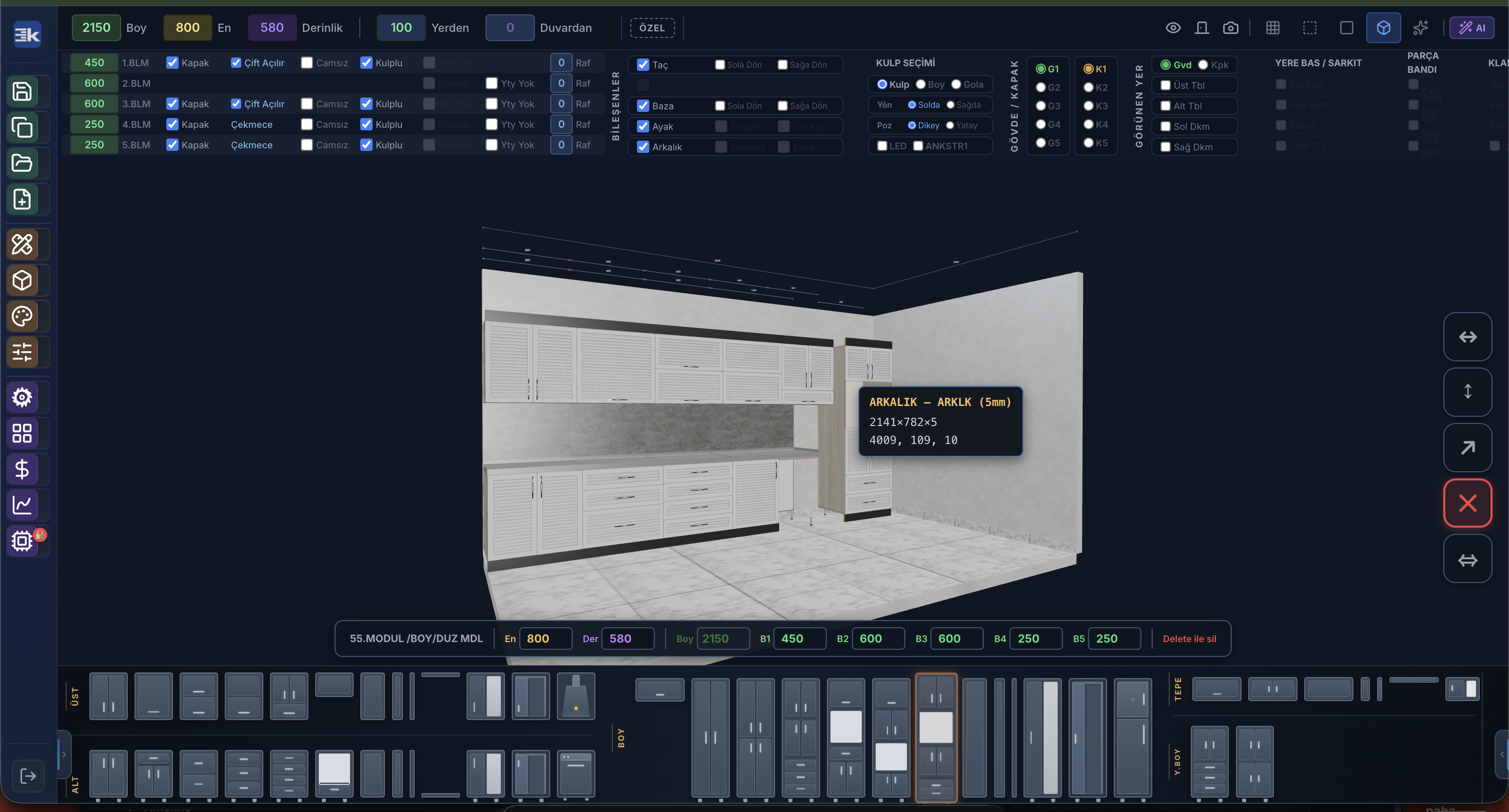 KesApp 3D Mutfak Tasarım Yazılımı Arayüzü